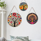 Indian Colorful Madhubani Art With Round Framed Floral Canvas Wall Painting - Set of 3