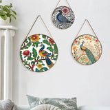 Peacock Design Round Framed Madhubani Art Canvas Wall Paintings - Set of 3