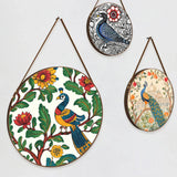 Peacock Design Round Framed Madhubani Art Canvas Wall Paintings - Set of 3