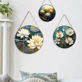 Golden Lotus Flower Round Framed Canvas Wall Paintings - Set of 3