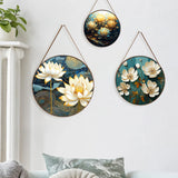 Golden Lotus Flower Round Framed Canvas Wall Paintings - Set of 3