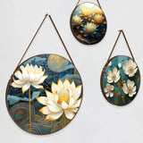 Golden Lotus Flower Round Framed Canvas Wall Paintings - Set of 3