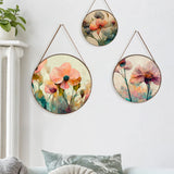 Elegant Pink Floral Round Framed Canvas Wall Paintings - Set of 3