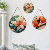 Round Framed Pink & Orange Floral Canvas Wall Hanging Canvas Painting - Set of 3