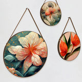 Round Framed Pink & Orange Floral Canvas Wall Hanging Canvas Painting - Set of 3
