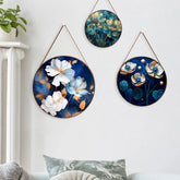 White & Gold Floral Round Framed Canvas Wall Hanging Paintings- Set of 3