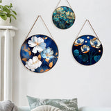 White & Gold Floral Round Framed Canvas Wall Hanging Paintings- Set of 3