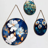 White & Gold Floral Round Framed Canvas Wall Hanging Paintings- Set of 3