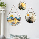 Golden Sunset Serene Mountain and River Round Framed Canvas Wall Painting - Set of 3