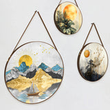 Golden Sunset Serene Mountain and River Round Framed Canvas Wall Painting - Set of 3