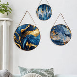 Elegant Abstract Gold & Navy Blue Round Framed Canvas Wall Paintings - Set of 3