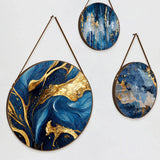 Elegant Abstract Gold & Navy Blue Round Framed Canvas Wall Paintings - Set of 3