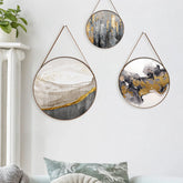 Gray & Gold Nature Abstract Round Framed Canvas Wall Painting - Set of 3