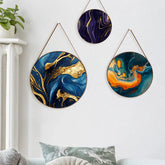 Minimalist Blue & Gold Round Framed Canvas Wall Paintings - Set of 3
