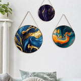 Minimalist Blue & Gold Round Framed Canvas Wall Paintings - Set of 3