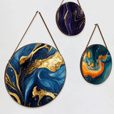 Minimalist Blue & Gold Round Framed Canvas Wall Paintings - Set of 3