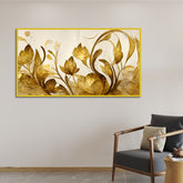 WallMelody Elegant Flowers Golden Leaf Floating Frame Canvas Wall Painting