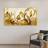 WallMelody Elegant Flowers Golden Leaf Floating Frame Canvas Wall Painting