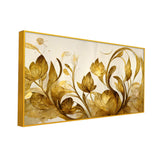 WallMelody Elegant Flowers Golden Leaf Floating Frame Canvas Wall Painting