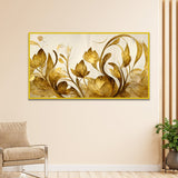 WallMelody Elegant Flowers Golden Leaf Floating Frame Canvas Wall Painting