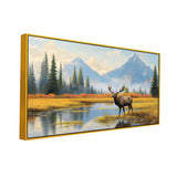 Elk Standing in River Bank with Trees & Mountains Canvas Painting