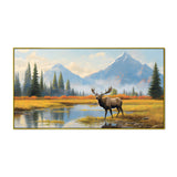 Elk Standing in River Bank with Trees & Mountains Canvas Painting
