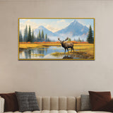 Elk Standing in River Bank with Trees & Mountains Canvas Painting