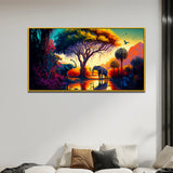 African Elephant in Tropical Jungle Floating Frame Canvas Wall Painting