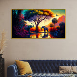 African Elephant in Tropical Jungle Floating Frame Canvas Wall Painting