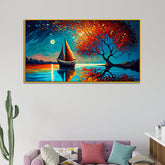 Sailboat with Full Moon Abstract Digital Printed Canvas Wall Painting