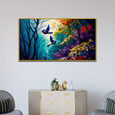Beautiful Birds Flying in Majestic Forest Canvas Painting with Floating Frame