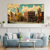 Colorful Buildings and Vintage Cars Under Cloudy sky Canvas Wall Painting