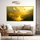 Painting of Mighty Eagle Soaring on the Golden Autumn Mountain and Lake