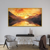 Beautiful Canvas Painting of A Flock of Birds Flying Over The Lake at Sunrise