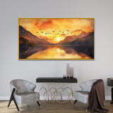 Beautiful Canvas Painting of A Flock of Birds Flying Over The Lake at Sunrise