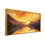 Beautiful Canvas Painting of A Flock of Birds Flying Over The Lake at Sunrise