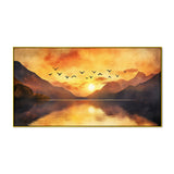 Beautiful Canvas Painting of A Flock of Birds Flying Over The Lake at Sunrise