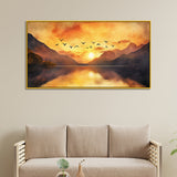 Beautiful Canvas Painting of A Flock of Birds Flying Over The Lake at Sunrise