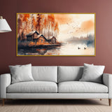 Panoramic Autumn Forest and Lake Landscape Canvas Painting