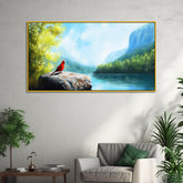 Beautiful Canvas Painting of Red Cardinal Bird Perched on A Jagged Cliff Overlooking