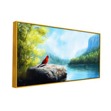 Beautiful Canvas Painting of Red Cardinal Bird Perched on A Jagged Cliff Overlooking
