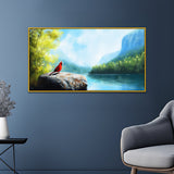 Beautiful Canvas Painting of Red Cardinal Bird Perched on A Jagged Cliff Overlooking