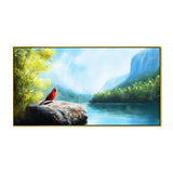 Beautiful Canvas Painting of Red Cardinal Bird Perched on A Jagged Cliff Overlooking