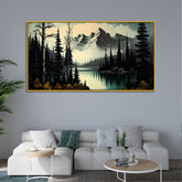 Foggy Pine Forest and River Winter Nature Canvas Wall Painting