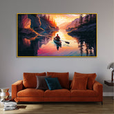 Serene Mountain & Lake Landscape Canvas Painting with Sunset View