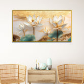 White and Golden Lotus Flower Floating Frame Canvas Wall Painting