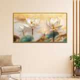 White and Golden Lotus Flower Floating Frame Canvas Wall Painting