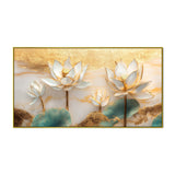 White and Golden Lotus Flower Floating Frame Canvas Wall Painting