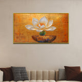 White and Golden Lotus Floral Floating Frame Canvas Wall Painting