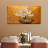 White and Golden Lotus Floral Floating Frame Canvas Wall Painting